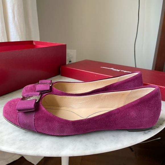 Salvatore Fraggamo flats, burgundy/purple suede, 6.5, gently used, silver hard - Picture 1 of 11